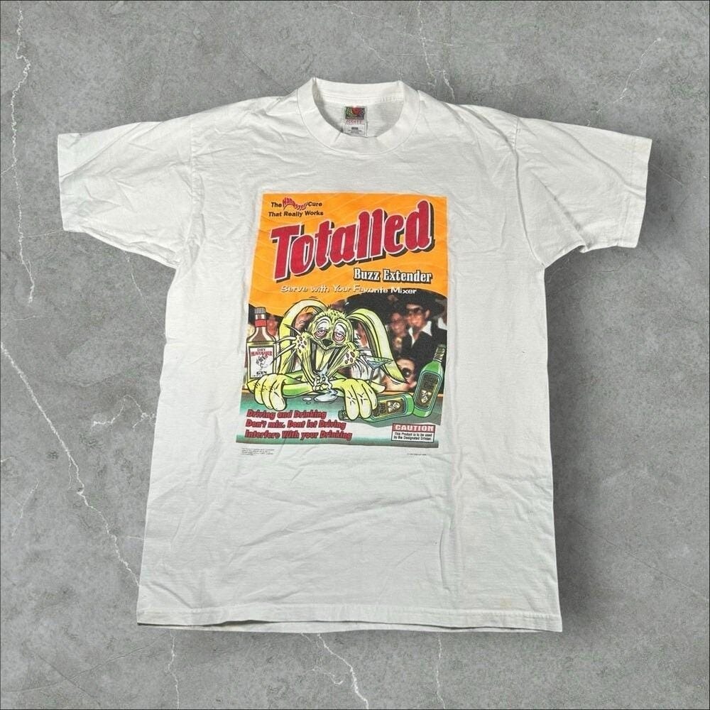 Vintage Totalled Shirt Mens Large White 90s Buzz Extender Dog Eat Dog Beer Promo